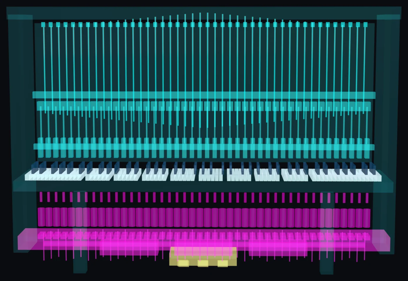 Front elevation render of ARIA-88: the strings and tuning pins across the top, the sampled hammer action beneath them, the full 88-note keyboard, and the magenta bank of 44 solenoid coils and plungers below the keybed.