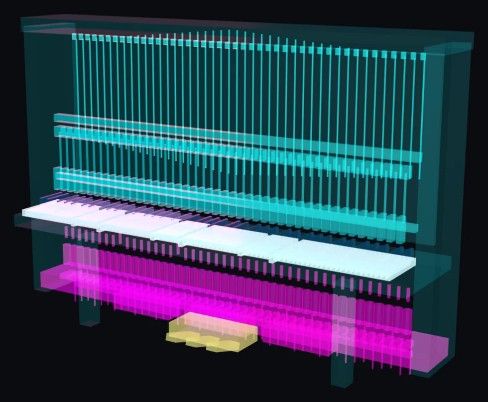 Holographic cutaway render of ARIA-88: a transparent upright piano showing its strings and tuning pins, the hammer action, the full 88-note keyboard, and the magenta solenoid rail with its coils, plungers and data wiring beneath the keybed. When motion is enabled it plays a phrase: solenoids push the keys, the action levers throw the hammers at the strings, and everything returns.