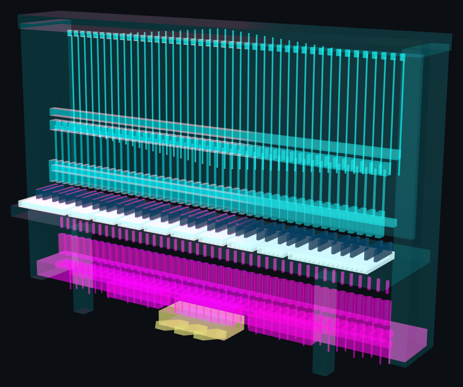 Ray-traced cutaway of the finished instrument: an upright piano case rendered as a transparent shell, with the 88-note keyboard, the cyan 96-channel solenoid rail directly beneath it, and the magenta electronics bay holding six driver boards and the power supply.