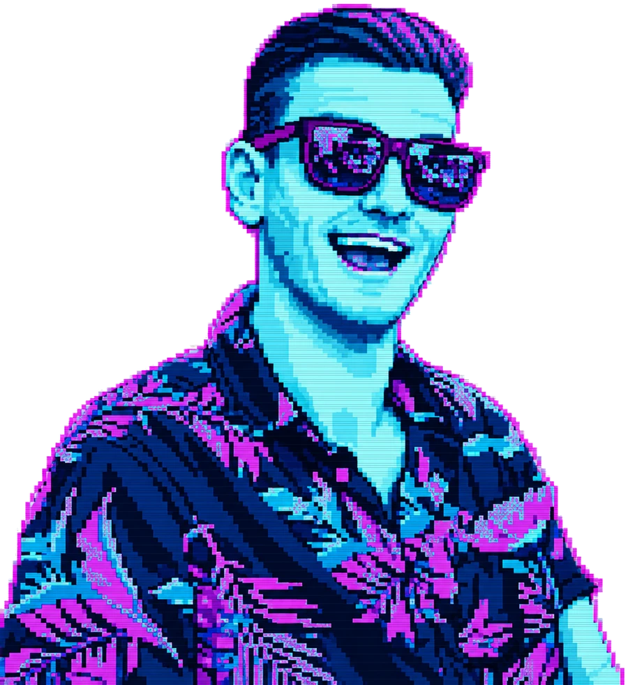 Robby Schlesinger, rendered as pixel art: smiling, wearing sunglasses and a patterned shirt, outdoors among greenery.